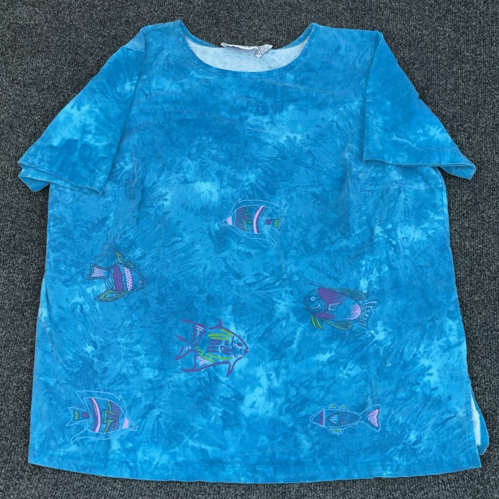 Main Street Shirt Womens L Blue Fish Graphic Short Sleeve T Shirt Casual Beach